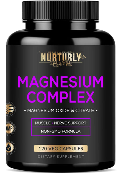 Supplement bottle labeled 'Magnesium Complex' by Nurturly Nutrition on a white background