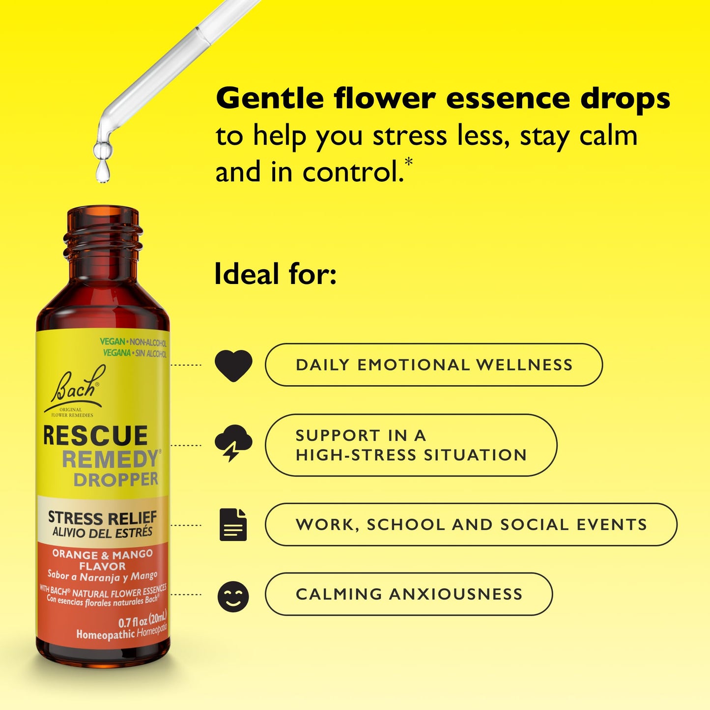 Bach RESCUE Remedy, Orange Mango Flavor, Stress Relief, Homeopathic, Flower Essences, 20mL