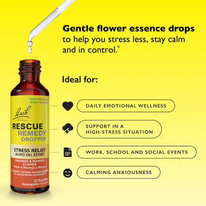 Bach RESCUE Remedy, Orange Mango Flavor, Stress Relief, Homeopathic, Flower Essences, 20mL
