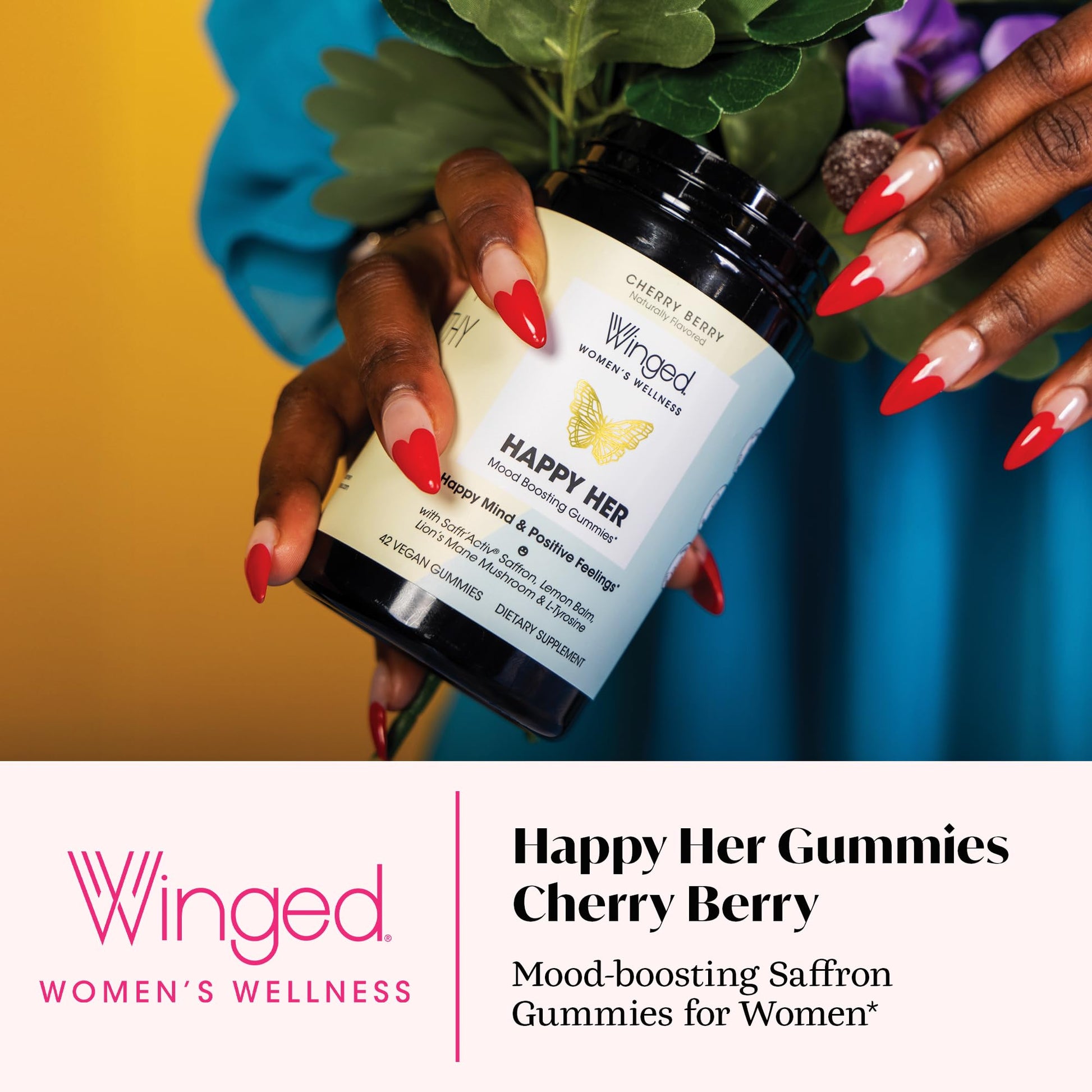Winged Wellness Happy Her Mood Gummies - Daily Mood Enhancer Support Supplement for Women - Vitamin D with Saffron, Lemon Balm, & Lions Mane Mushrooms for Balance & Calming Relief - 50 Vegan Gummies Winged buy supplements Au