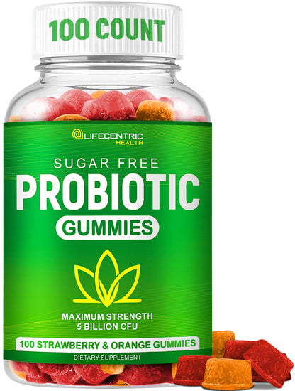 Probiotic Gummies for Adults and Kids Max Strength 5 Billion CFU | Organic Sugar Free Gummies for Digestive Health | 100 Count Vegan Gluten Free Chewable Probiotics