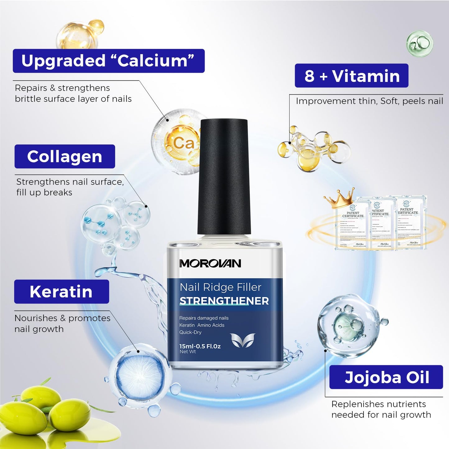 Morovan Nail Strengthener And Hardener: Milky White Ridge Filler Nail Concealer With Keratin For Thin Weak Brittle Nails, Strengthening Polish Repair For Damaged Nails, Air Dry Natural Nail Care 15ml