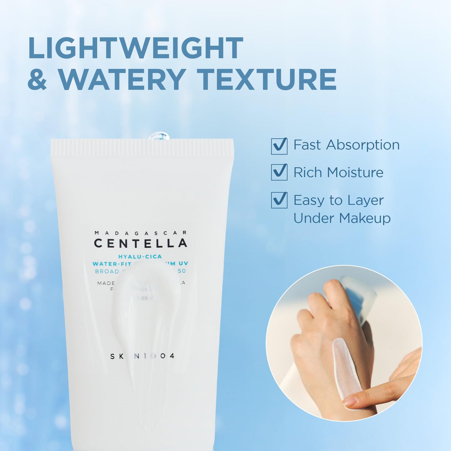 SKIN1004 Centella Hyalu-Cica Water-Fit Sun Serum UV, Korean Sunscreen SPF 50, Centella Sunscreen, Travel Essentials