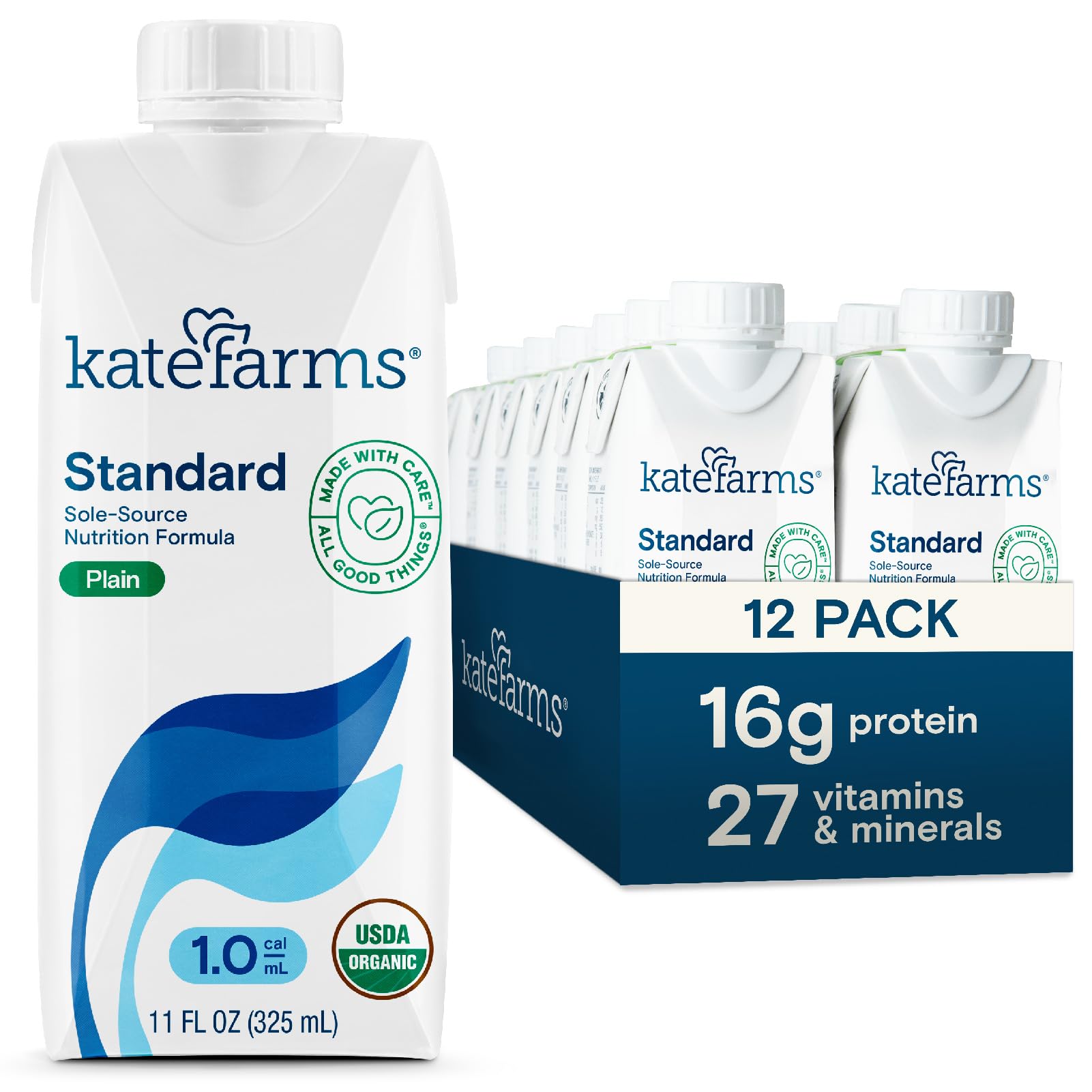 KATE FARMS Organic 1.0 Sole-Source Nutrition Shake, Plain, 16g Protein, 27 Vitamins and Minerals, Meal Replacement, Protein Shake, 11 oz (12 Pack) Kate Farms buy supplements Au