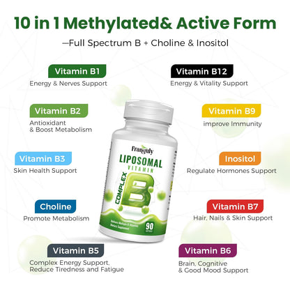 Liposomal B Complex for High Absorption Methylated B12,L-Methyfolate(5-MTHF ),Full Active B Vitamins with Choline Inositol-Energy, Metabolism,Brain & Heart Support