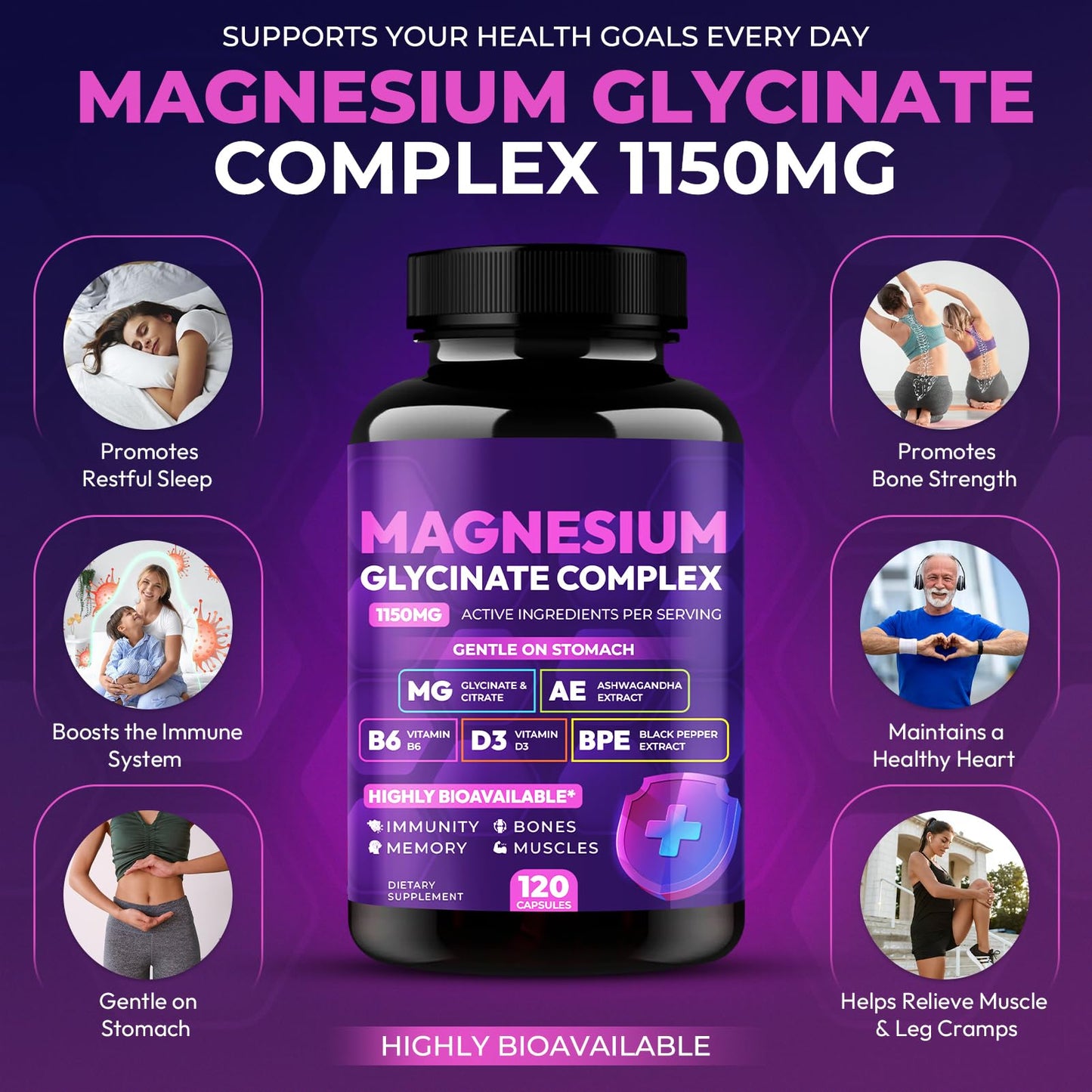 Magnesium Glycinate Complex 1150mg - Gentle on Stomach High Absorption Magnesium Capsules with Citrate, Silica, Ashwagandha & Vitamin B6 for Zzz, Stress Relief, Muscle Support for Adults, Women & Men Cytona buy supplements Au