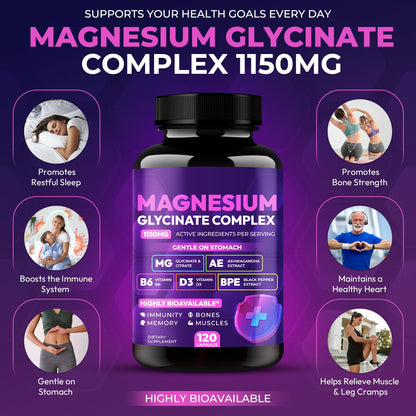Magnesium Glycinate Complex 1150mg - Gentle on Stomach High Absorption Magnesium Capsules with Citrate, Silica, Ashwagandha & Vitamin B6 for Zzz, Stress Relief, Muscle Support for Adults, Women & Men Cytona buy supplements Au