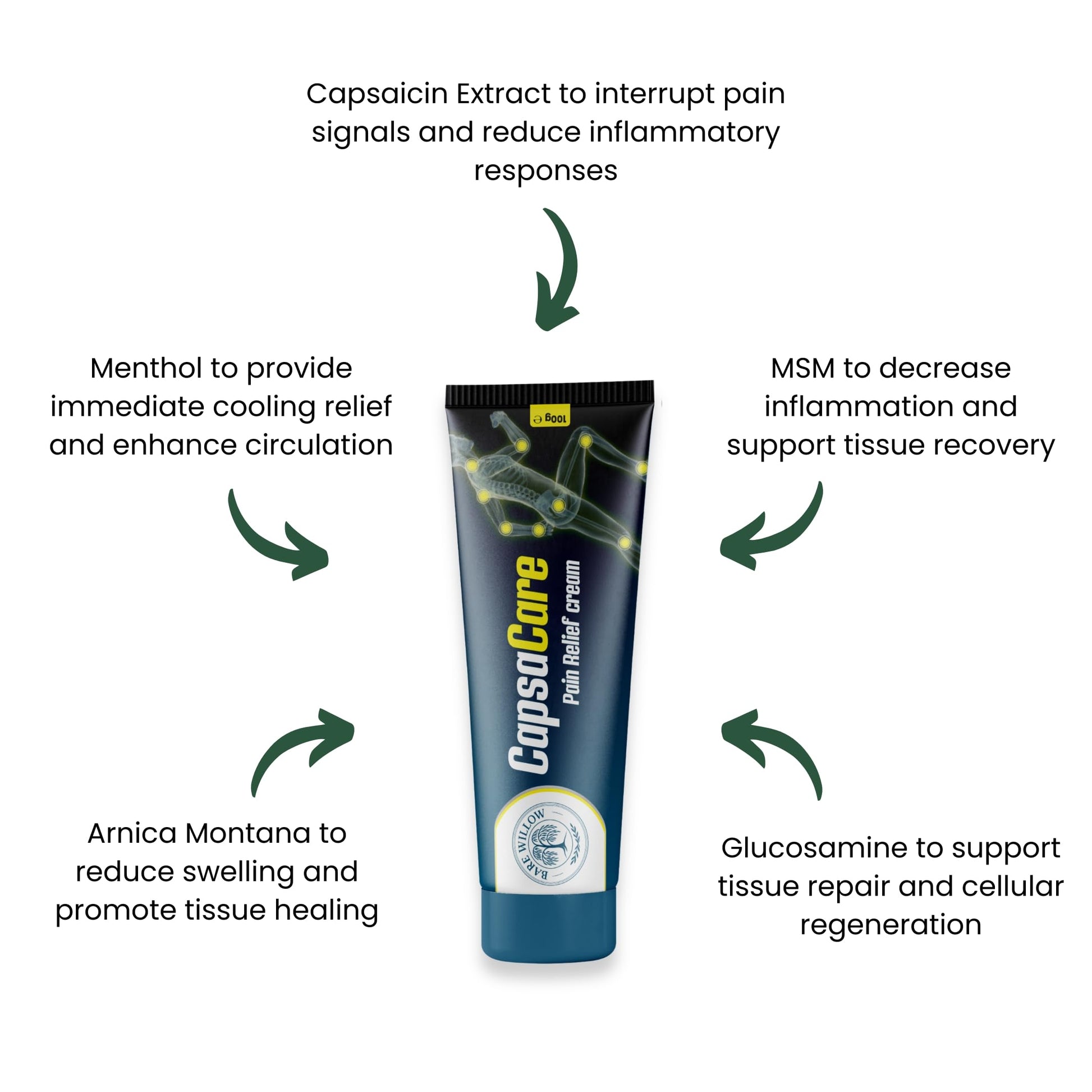 CapsaCare Cream with Capsaicin 0.125% & Magnesium, NeuroSoothe Blend with Arnica, Glucosamine, Menthol & Aloe, Fragrance Free, Non Greasy, Hydrating Topical Skin Cream for Men and Women, 100g (1 Pack) Bare WillowBuy Supplements Australia