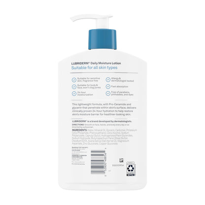 Lubriderm Fragrance Free Daily Moisture Lotion + Pro-Ceramide, Shea Butter & Glycerin, Face, Hand & Body Lotion for Sensitive Skin