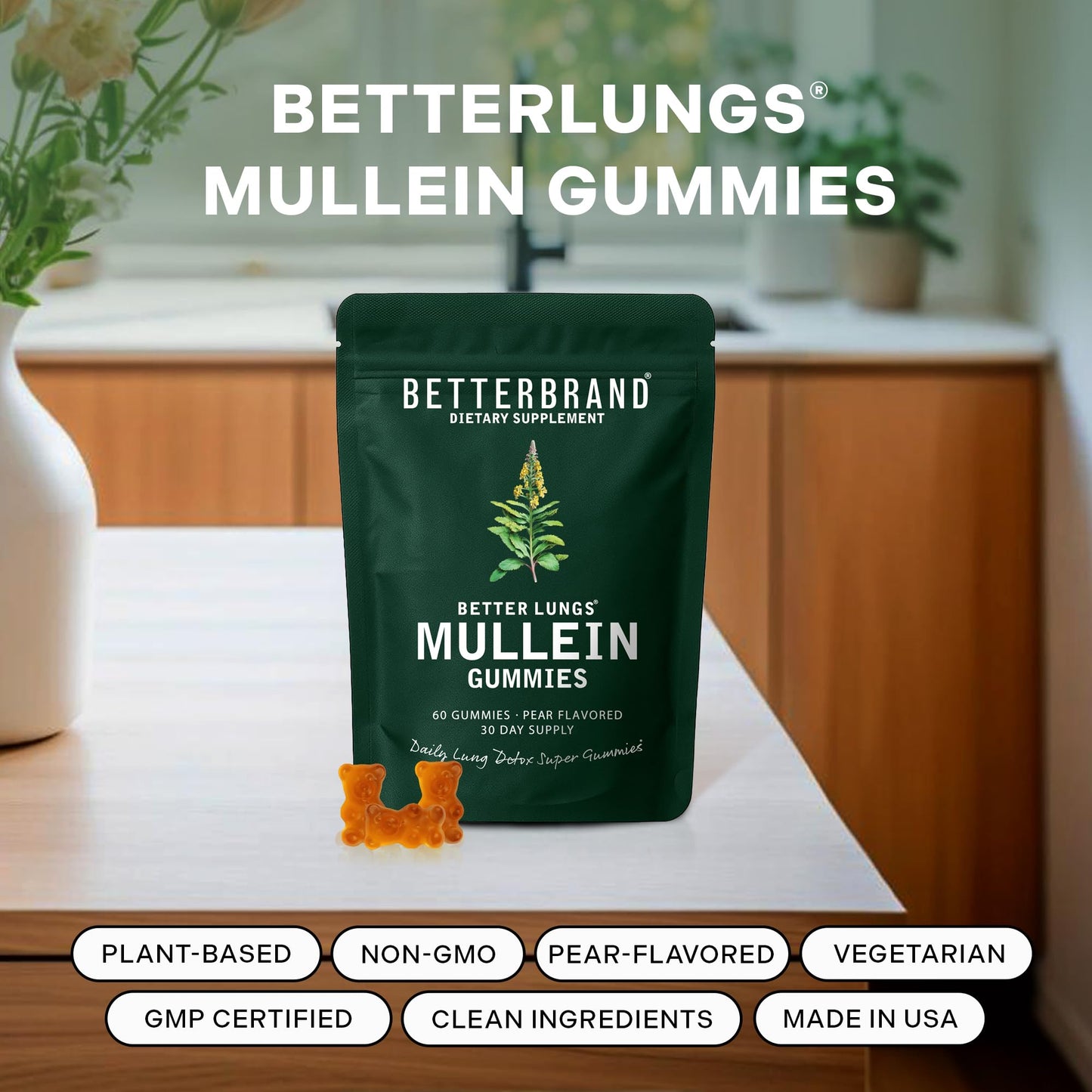 Betterbrand Mullein Chewable Gummies for Lung Cleanse and Detox, Respiratory Health Supplement, 1000mg Mullein Extract per Serving, 60 Gummies