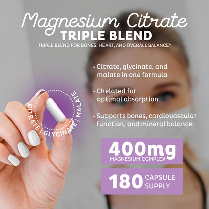 Zeal Naturals Triple Magnesium Complex Supplement - Glycinate, Malate, Citrate | 400mg, 180 Capsules | High Absorption Chelated Magnesium for Sleep, Mood, Muscle Recovery, Relaxation Zeal Naturals buy supplements Au