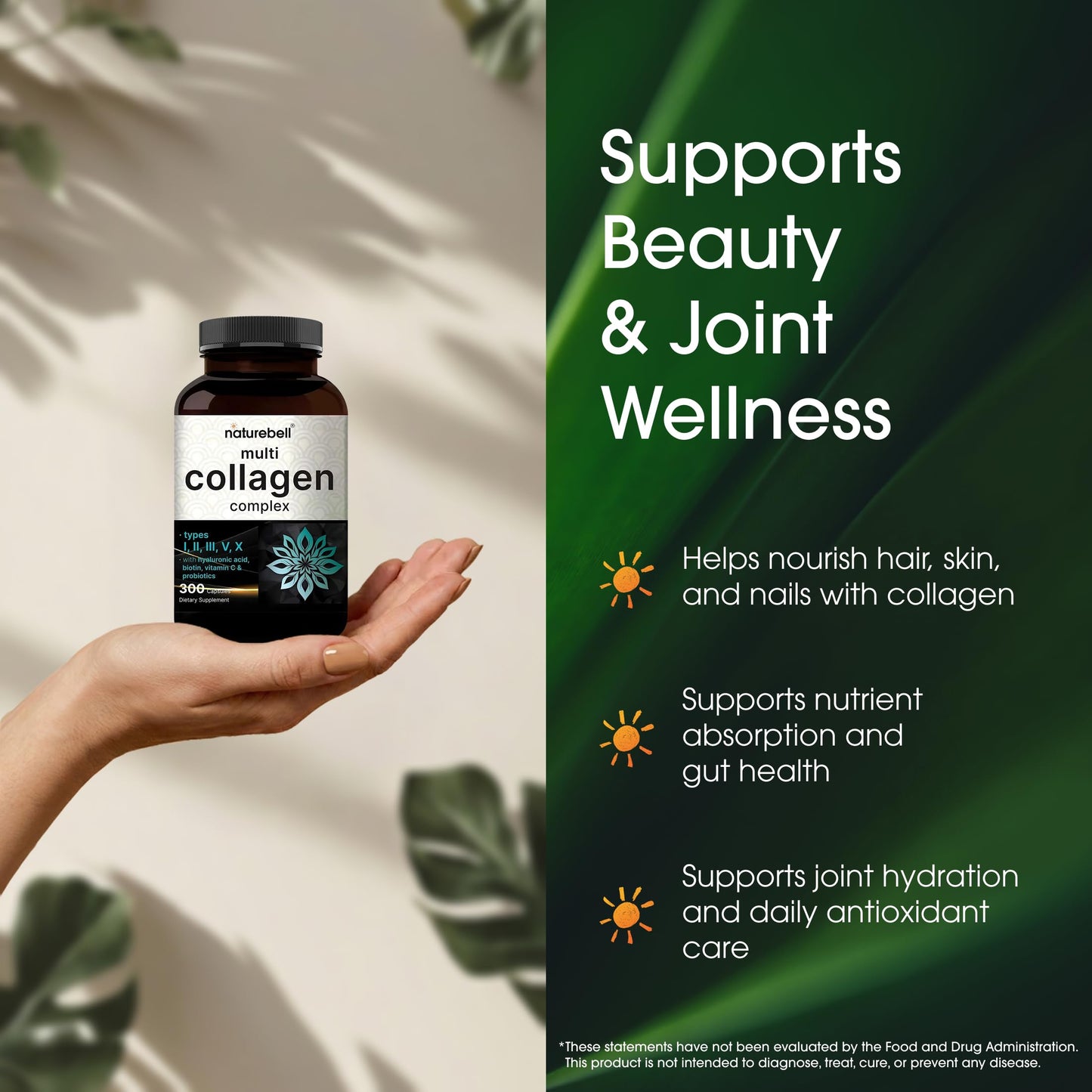 NatureBell Multi Collagen Complex - 300 Capsules - 5 Collagen Peptides (Type I, II, III, V, X), Hyaluronic Acid, Biotin & Probiotics - Hair, Skin, Nail, Joint & Gut Health Support* NatureBell buy supplements Au