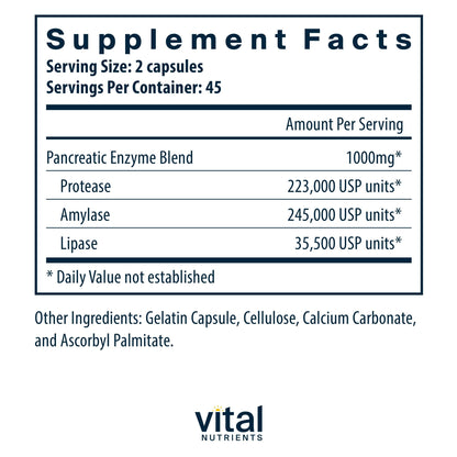 Vital Nutrients Pancreatic Enzymes 1000mg (Full Strength) - Pancreatin Digestion Supplement with Protease, Amylase & Lipase - Digestive Enzymes