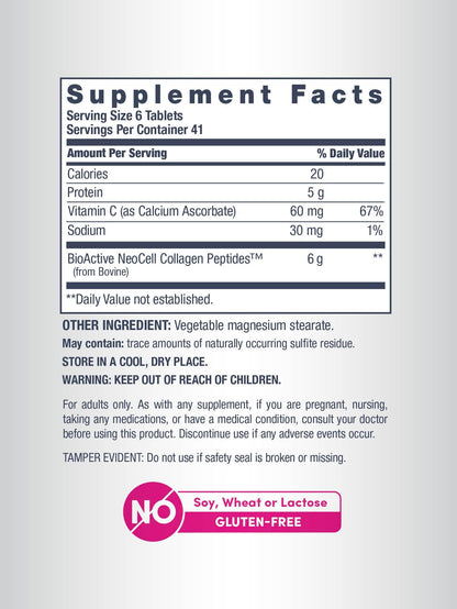 NeoCell Collagen Peptides | 250 Tablets | with Vitamin C | Grassfed Supplement | Hair, Skin, & Nails | for Women and Men