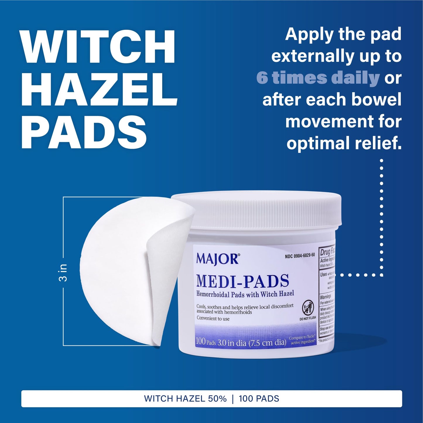 MAJOR Medi-Pads - Hemorrhoidal Hygienic Cleansing Witch Hazel Pads - Cooling Relief with Aloe - 100 Count Jar (3 Pack) MAJORBuy Supplements Australia