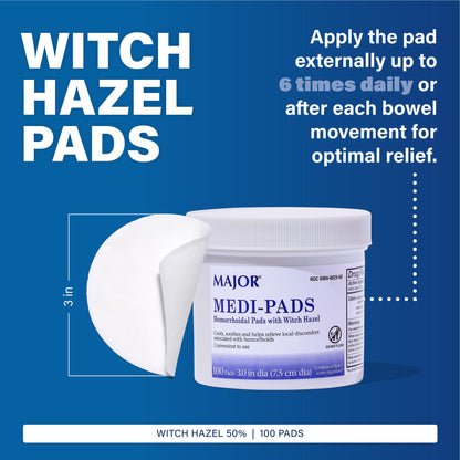MAJOR Medi-Pads - Hemorrhoidal Hygienic Cleansing Witch Hazel Pads - Cooling Relief with Aloe - 100 Count Jar (3 Pack) MAJORBuy Supplements Australia