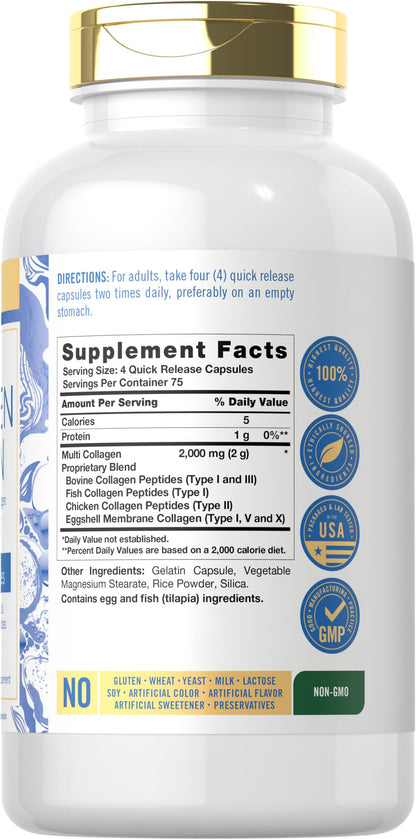 Carlyle Multi Collagen Protein Capsules 2000mg | 300 Count | Type I, II, III, V, X | Collagen Peptide Pills | Keto & Paleo Friendly