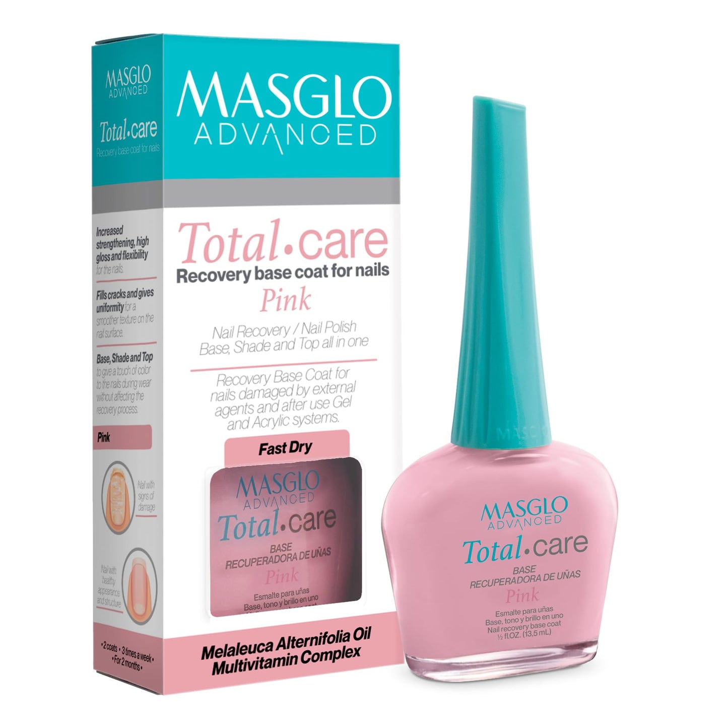 MASGLO Advanced Total Care Nail Strengthener – Post Gel Damage Recovery Treatment, 13-Free Vegan Fast-Dry Thickening Repair with Tea Tree Oil