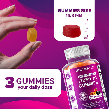 Vitamatic Prebiotic Fiber Gummies for Adults – 2 Pack (Total 120 Gummies) 7g Fiber per Serving | Extra Strength | Zero Sugar Added | Pectin-Based