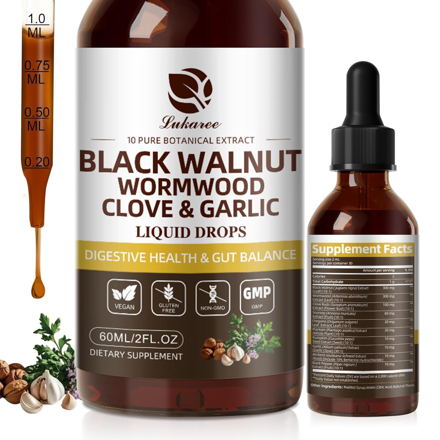 Lukaree Wormwood Black Walnut Clove Cleanse for Humans Tincture – Rapid Gut Detox & Digestive Health with Garlic Pumpkin Seeds Soursop Oregano, 10:1 Ultra-Concentrated Liposomal Tech 98% Absorption