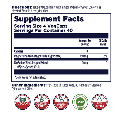 KAL Magnesium Glycinate Capsules, Fully Chelated Magnesium Bisglycinate, High Absorption Magnesium Supplement, Healthy Bones, Muscle, Relaxation and Stress Support, Non-GMO 160 count KALBuy Supplements Australia