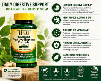 H4U Advanced Digestive Enzymes with Probiotics & Prebiotics – Multi Enzyme Supplement for Gut Health, Digestion Support, Bloating Relief & Stomach Comfort,