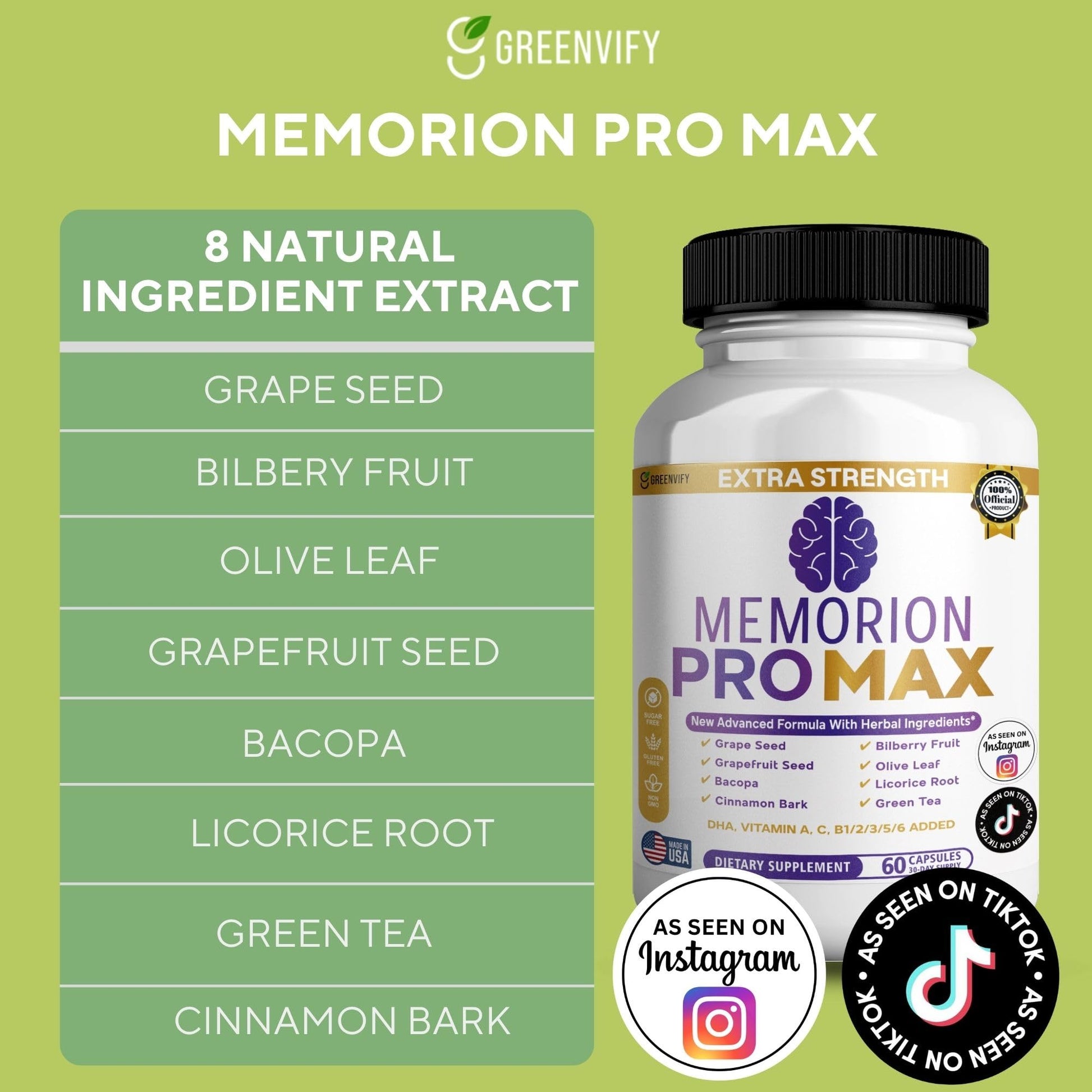 GREENVIFY Memorion Pro Max Extra Strength Brain Support Supplement, 60 Capsules, with DHA, Vitamins, Herbal Blend, 30-Day Supply (1) GREENVIFY buy supplements Au