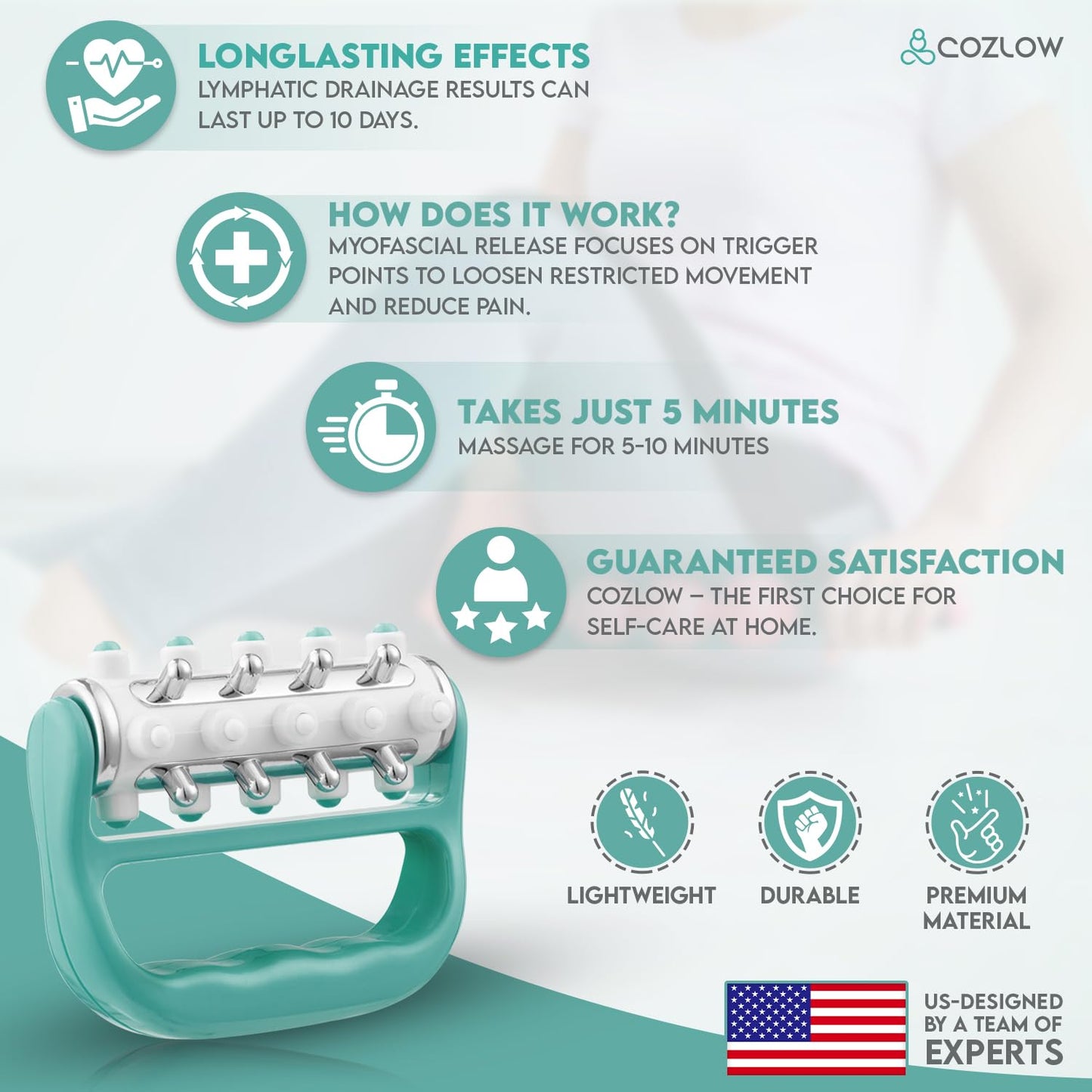 COZLOW - MyoRelease Lymphatic Drainage Massager - Green - Handheld Fascia Release + Scar Tissue Massage Roller for Shoulder, Neck, Belly, Thigh, Leg, Back, Glutes - Helps Reduce Cellulite Appearance COZLOW buy supplements Au