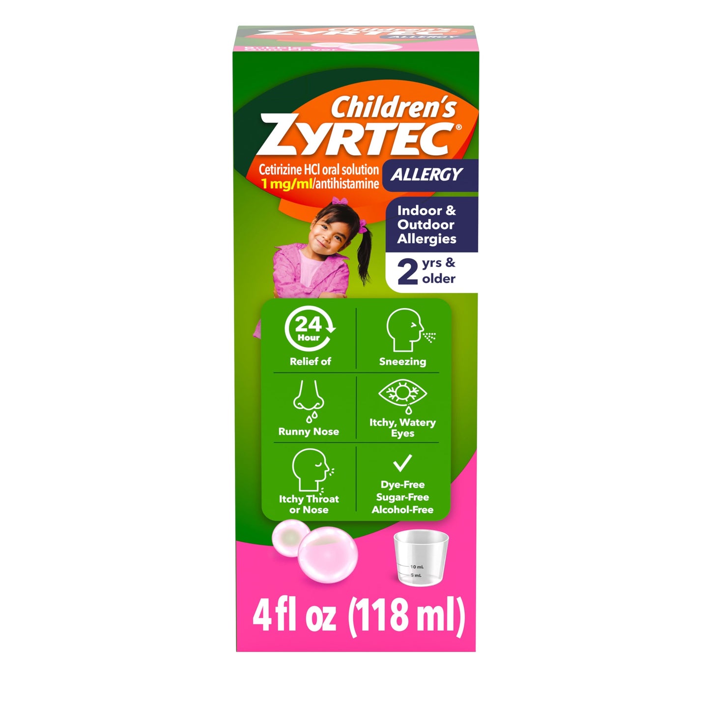 Zyrtec Children's Liquid, Kid's Antihistamine Syrup, Dye-, Sugar-, and Alcohol-Free, Pleasant Bubble Gum Flavor, Contains Cetirizine HCl Suitable for Ages 2 Years and Up, 4 fl oz Bottle Zyrtec buy supplements Au