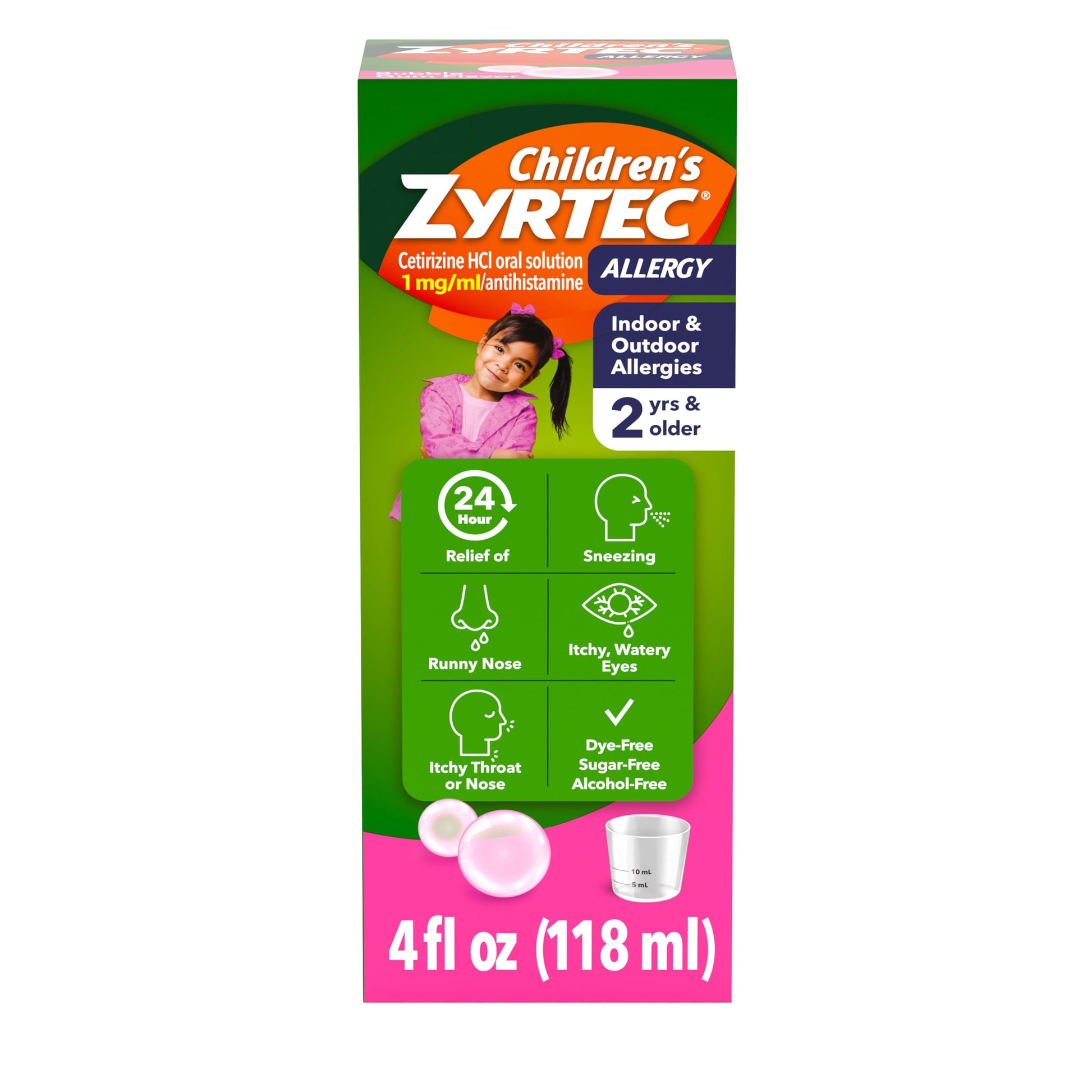 Zyrtec Children's Liquid, Kid's Antihistamine Syrup, Dye-, Sugar-, and Alcohol-Free, Pleasant Bubble Gum Flavor, Contains Cetirizine HCl Suitable for Ages 2 Years and Up, 4 fl oz Bottle Zyrtec buy supplements Au