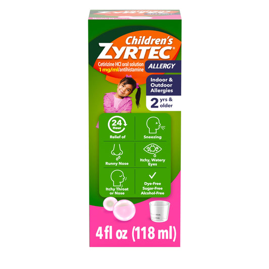 Zyrtec Children's Liquid, Kid's Antihistamine Syrup, Dye-, Sugar-, and Alcohol-Free, Pleasant Bubble Gum Flavor, Contains Cetirizine HCl Suitable for Ages 2 Years and Up, 4 fl oz Bottle Zyrtec buy supplements Au
