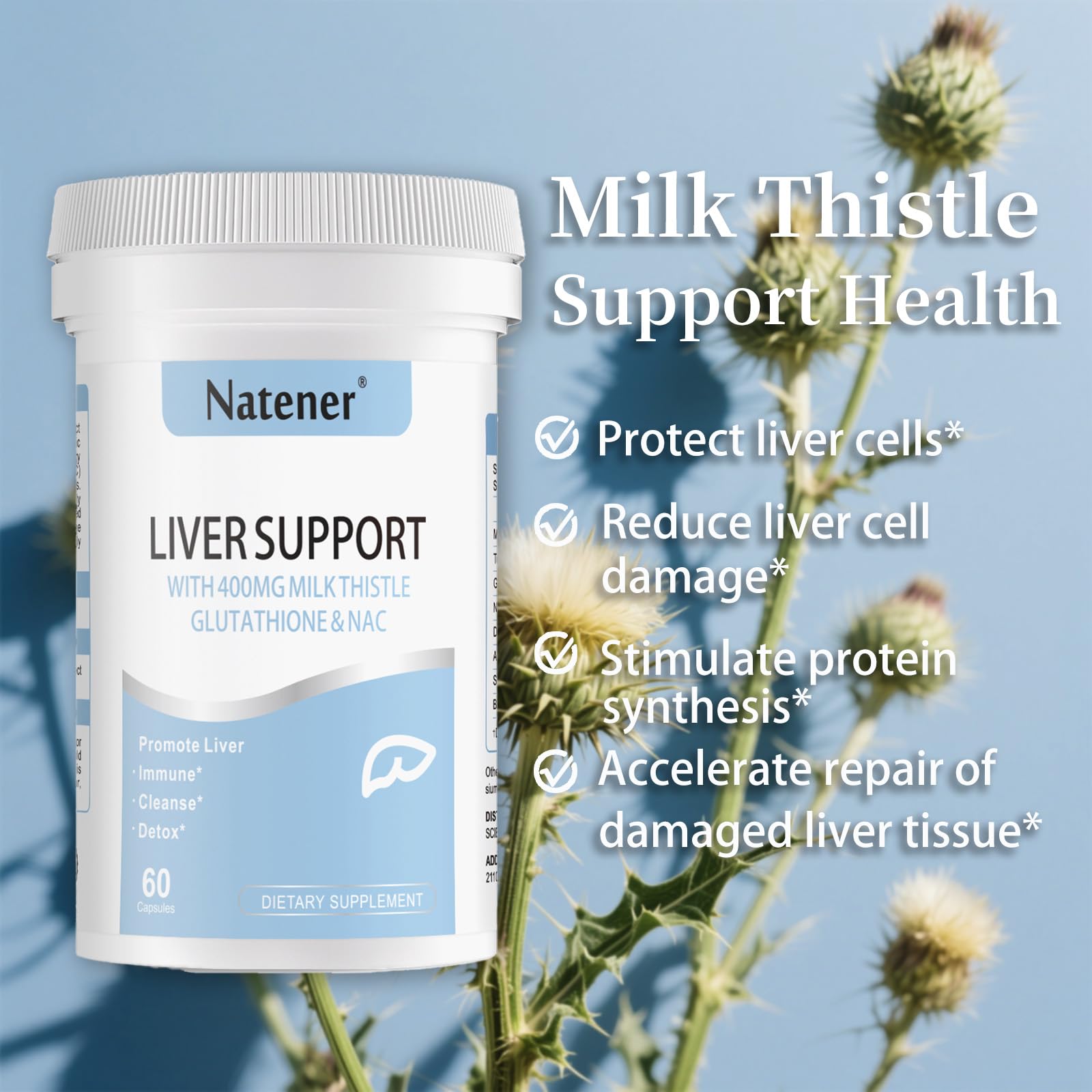 Natener Liver Support with 200mg Milk Thistle, 100mg Glutathione, 100mg NAC, 150mg Tumeric, Dandelion, Artichoke, Liver Cleanse Detox & Repair, Supports Energy*, Immunity & Liver Health*, 60 caps Natener buy supplements Au