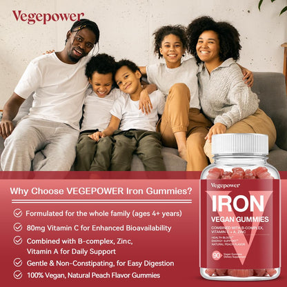 Vegan Iron Gummies Supplement - with Vitamin C, A, B-Complex, Folate, Zinc for Adults & Kids - Health Blood & Energy Support for Iron Deficiency,