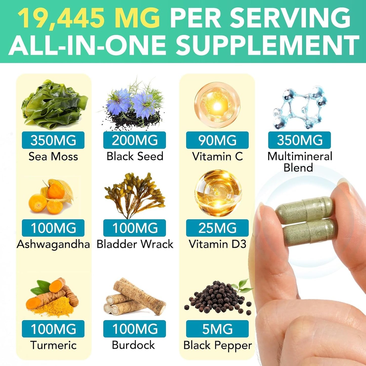 HealthyFinds Sea Moss Black Seed Oil Ashwagandha Ginger Capsules with Turmeric Bladderwrack Burdock & Vitamin C Vitamin D3 with Elderberry Manuka Dandelion Yellow Dock Iodine Chlorophyll ACV HealthyFindsBuy Supplements Australia