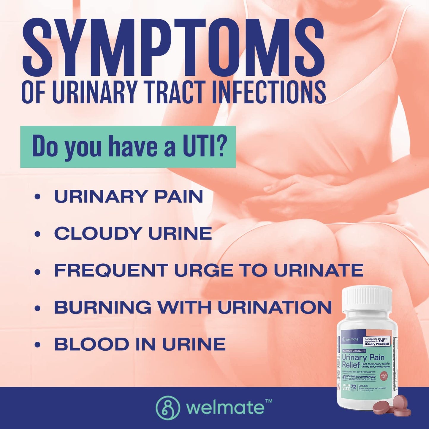 WELMATE Urinary Pain UTI Relief Maximum Strength (Phenazopyridine HCL) - Improve Urinary Tract Health & Bladder Control, Urgency, & Discomfort | Over-The-Counter Medication for Men & Women (72 Pills) WELMATE buy supplements Au