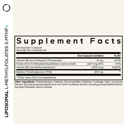 Codeage Liposomal L-Methylfolate 5-MTHF+ - Active Vitamin B9, Methylcobalamin B12, Betaine TMG, B6-2-Month Supply Multivitamins - Liposomal Delivery - Bioavailable B-Vitamin Complex - 60 Capsules CodeageBuy Supplements Australia