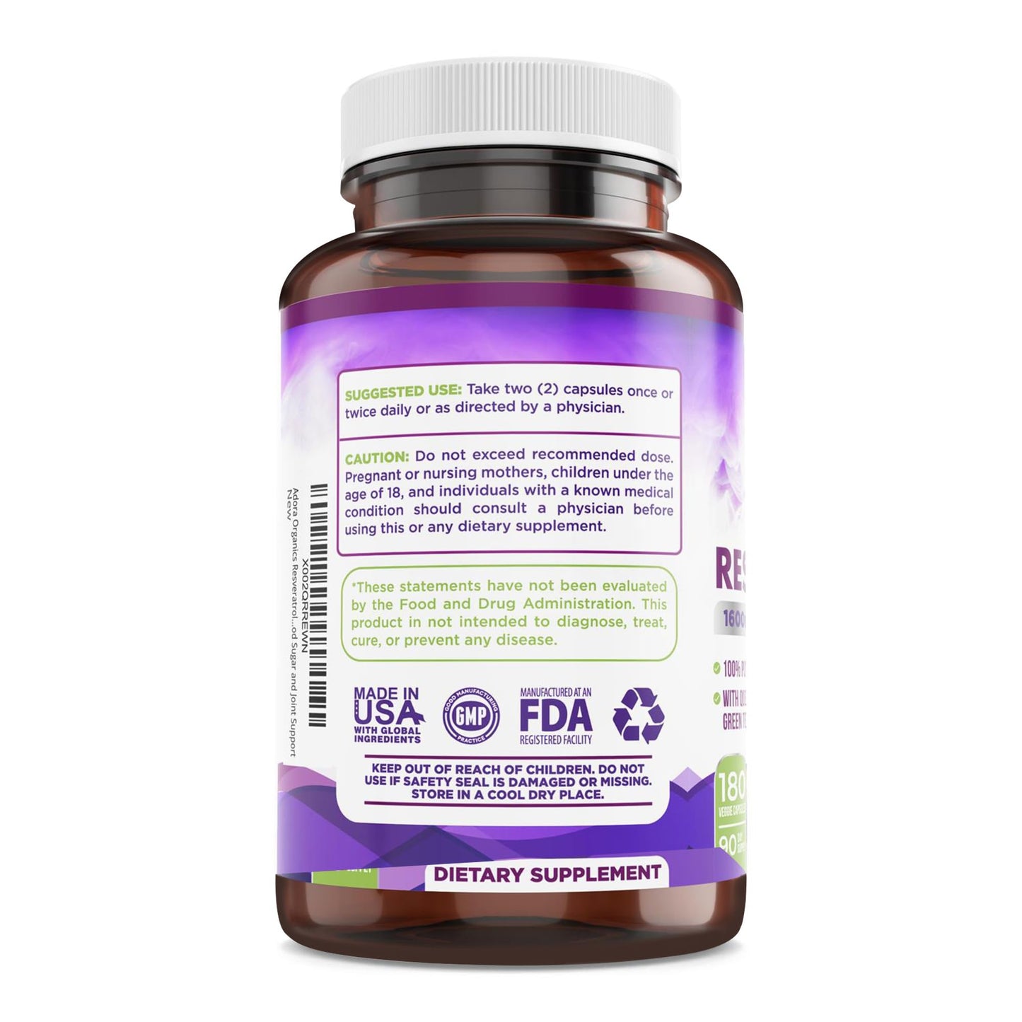 Resveratrol 1600mg - 180 Capsules | Trans-Resveratrol Antioxidant Supplement with Natural Green Tea, Grape Seed Polyphenols & Quercetin, Supports Digestive