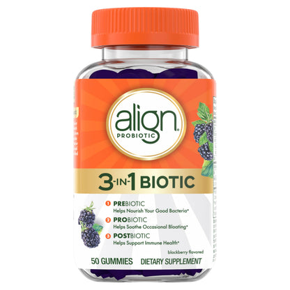 Align Probiotic, 3-in-1 Biotic Gummies, Prebiotic + Probiotic + Postbiotic, #1 Doctor Recommended Probiotic Brand‡, Helps Relieve Occasional Bloating