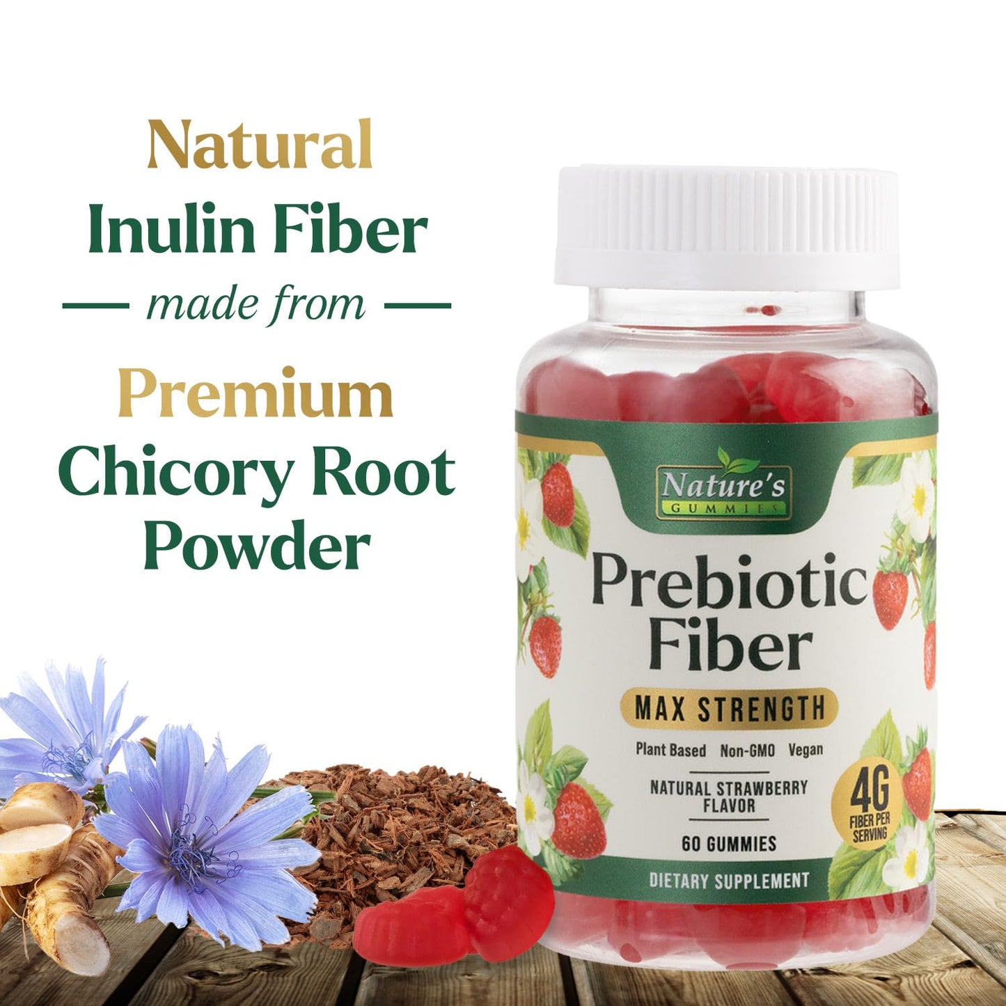 Prebiotic Fiber Gummies - 4g Dietary Fiber Per Serving - Extra Strength Daily Supplement for Adults - Tasty Strawberry Flavor - Plant Based Digestive