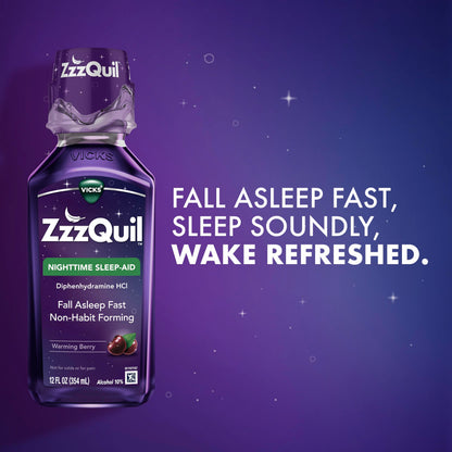 ZzzQuil, Sleep Aid, Nighttime Sleep Aid Liquid, 50 mg Diphenhydramine HCl, Fall Asleep Fast, Non-Habit Forming, Warming Berry Flavor, 12 FL OZ ZzzQuil buy supplements Au