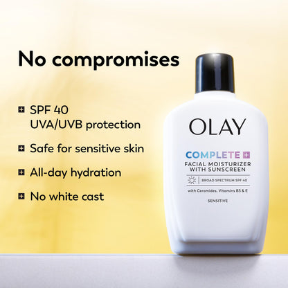 Olay Complete+ Face Moisturizer with Sunscreen SPF 40, For Sensitive Skin, Broad Spectrum Sun Protection, Fragrence-Free