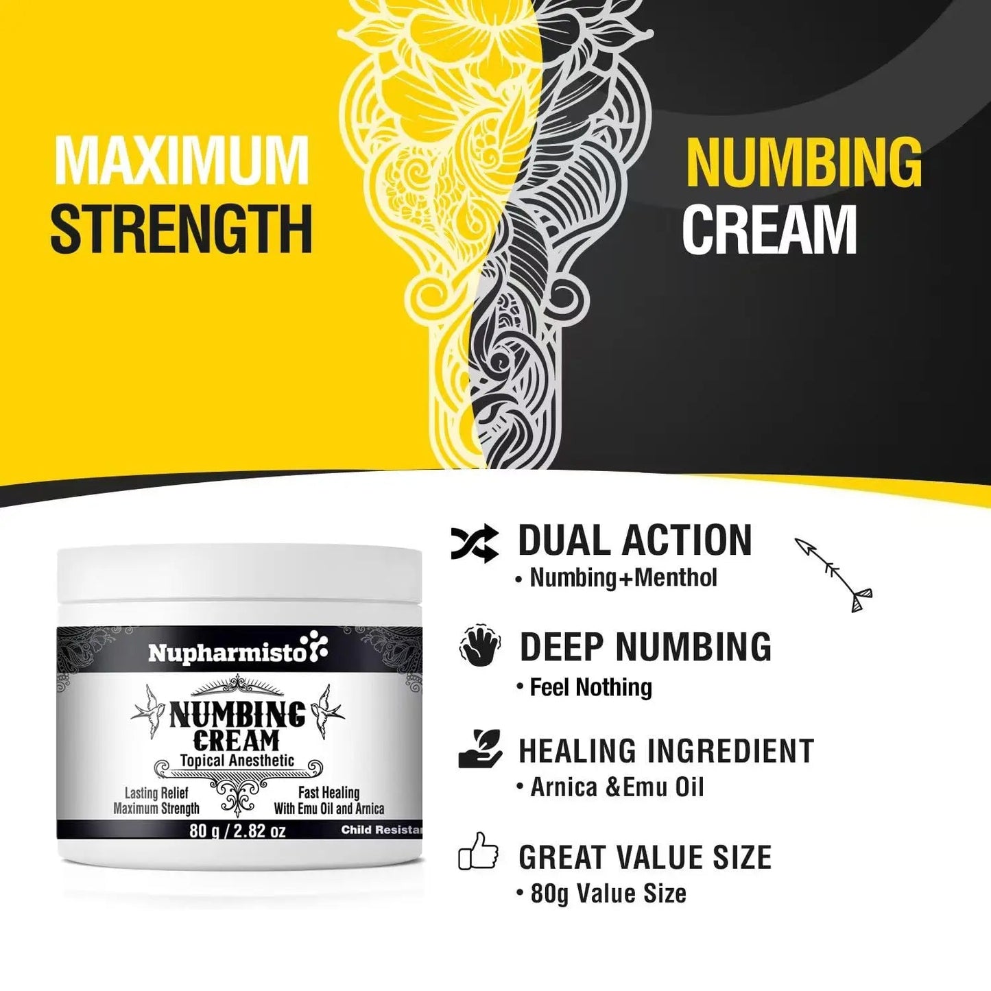 Nupharmisto Numbing Cream Maximum Strength : Long Lasting Numbing Cream with 5X Numbing - Emu Oil and Arnica 80 g / 2.82 oz NupharmistoBuy Supplements Australia