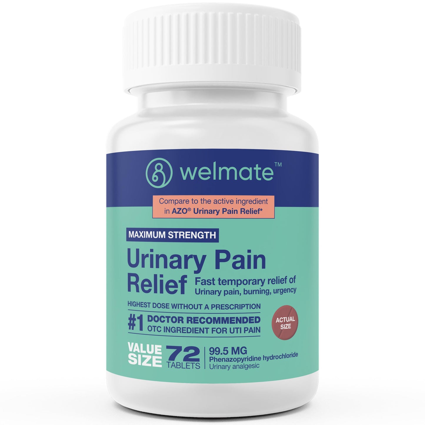 WELMATE Urinary Pain UTI Relief Maximum Strength (Phenazopyridine HCL) - Improve Urinary Tract Health & Bladder Control, Urgency, & Discomfort | Over-The-Counter Medication for Men & Women (72 Pills) WELMATE buy supplements Au