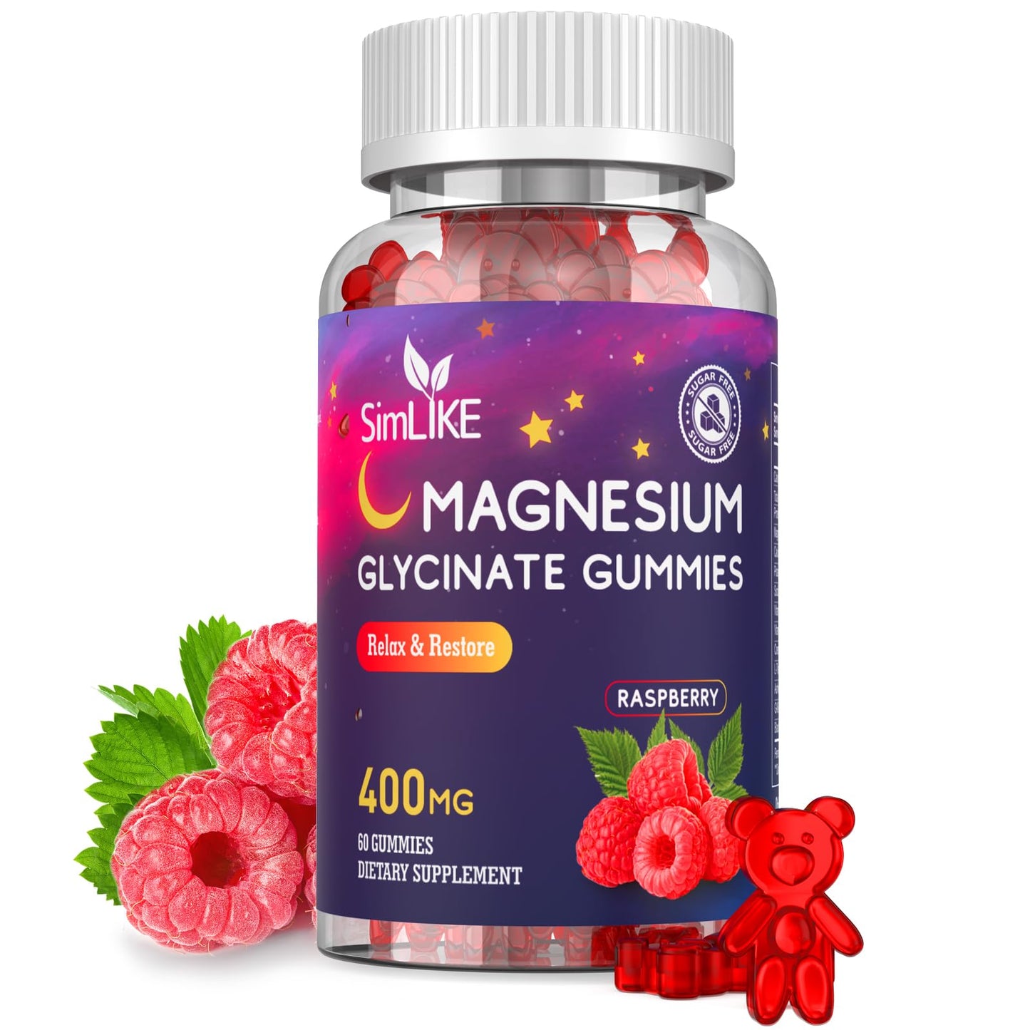 Magnesium Glycinate Gummies 400mg, High Absorption Magnesium Gummies with L-Theanine, Ashwagandha & GABA for Relaxation, Stress Relief & Sleep, Sugar Free, Vegan, 60 Raspberry SimlikeBuy Supplements Australia