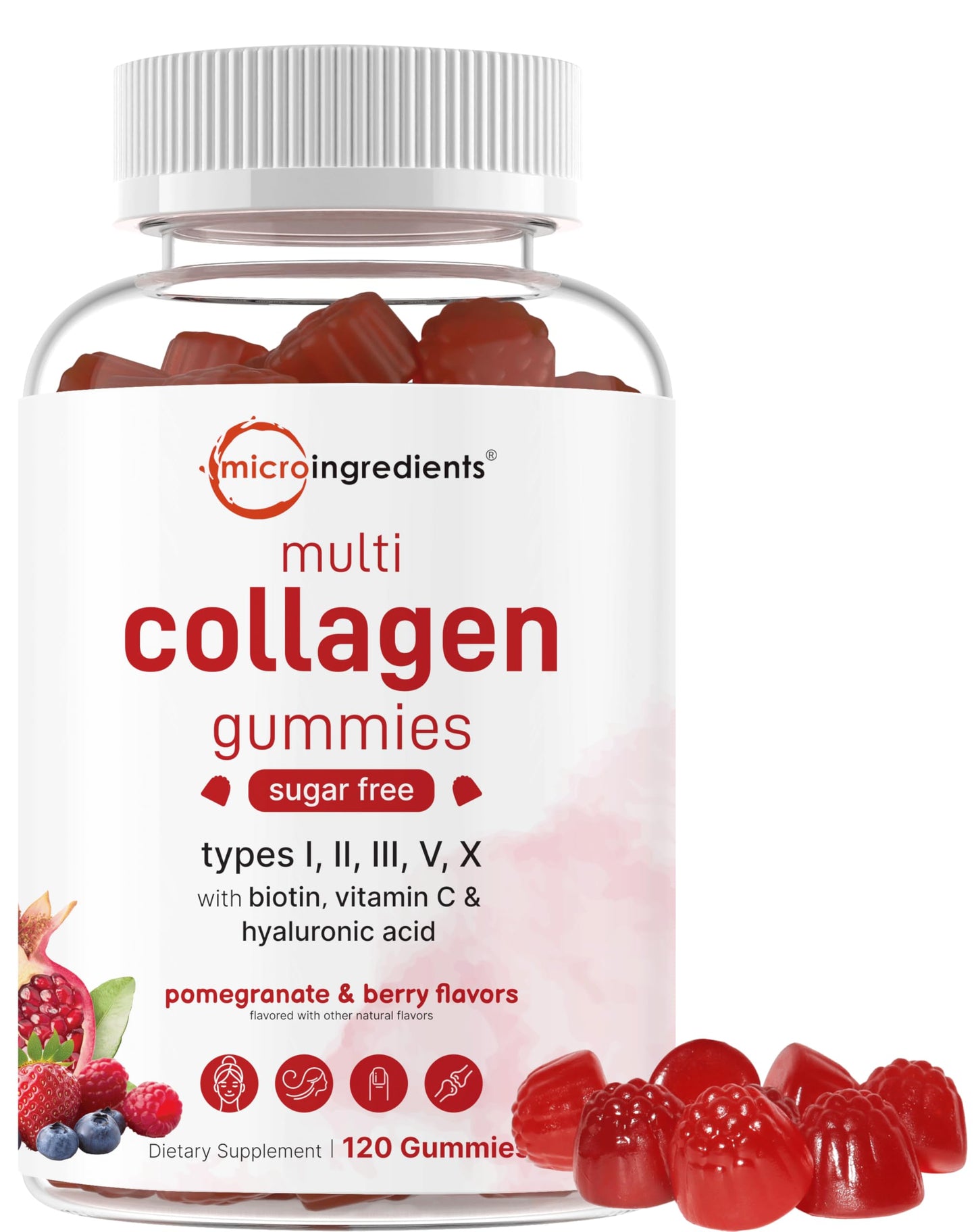 Micro Ingredients Multi Collagen Peptides, 120 Collagen Gummies | Type I,II,III,V,X Protein with Biotin, Hyaluronic Acid, & Vitamin C Complex | Pomegranate & Berry Flavored