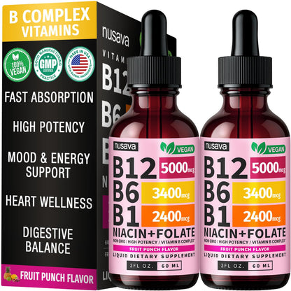 (2 Pack) Vitamin B12 and B6 Liquid Drops, B12 Sublingual Vitamin B Complex - B 12 Vitamin 5000mcg - B12 Methylcobalamin for Energy, Brain, and Heart Support