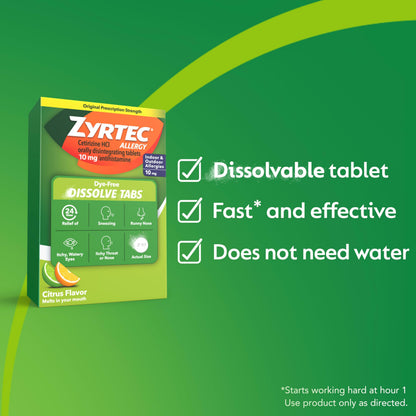 Zyrtec 24 Hour Dye-Free Allergy Relief Dissolve Tablets with 10 mg Cetirizine HCl, Citrus Flavored Antihistamine Allergy Medicine Helps Relieve Sneezing, Runny Nose, & Itchy Eyes, 24 ct Zyrtec buy supplements Au