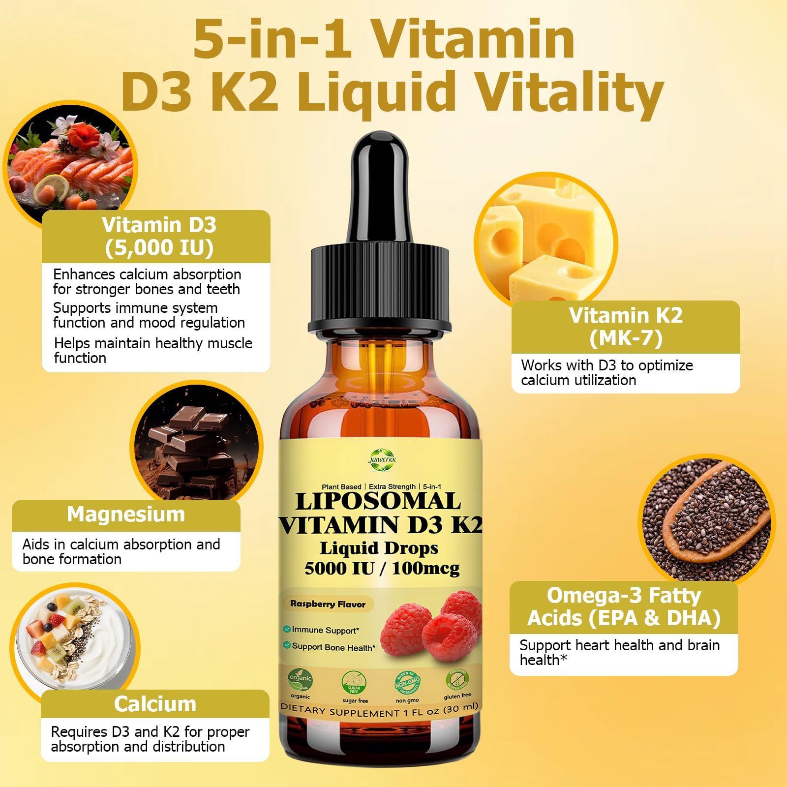 Liquid Vitamin D3 K2 Drops with Calcium Magnesium Omega3, High Potency 5-in-1 D3 K2 Vitamin 5000 IU Supplement for Bone Health, Heart Teeth & Immue, Ultra High Absorption Liposomal D3K2 Plant-Based JUIWEFKKBuy Supplements Australia