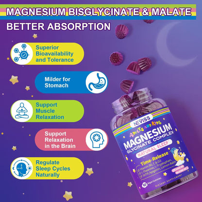 Magnesium Glycinate Gummies for Adults & Kids 4+, Sugar Free Magnesium Bisglycinate Supplement 400/200mg with B6D3, 5HTP, L-Theanine for Sleep & Relaxation, Brain, Muscle, Melatonin Free Gummies,1Pack NEVISSBuy Supplements Australia