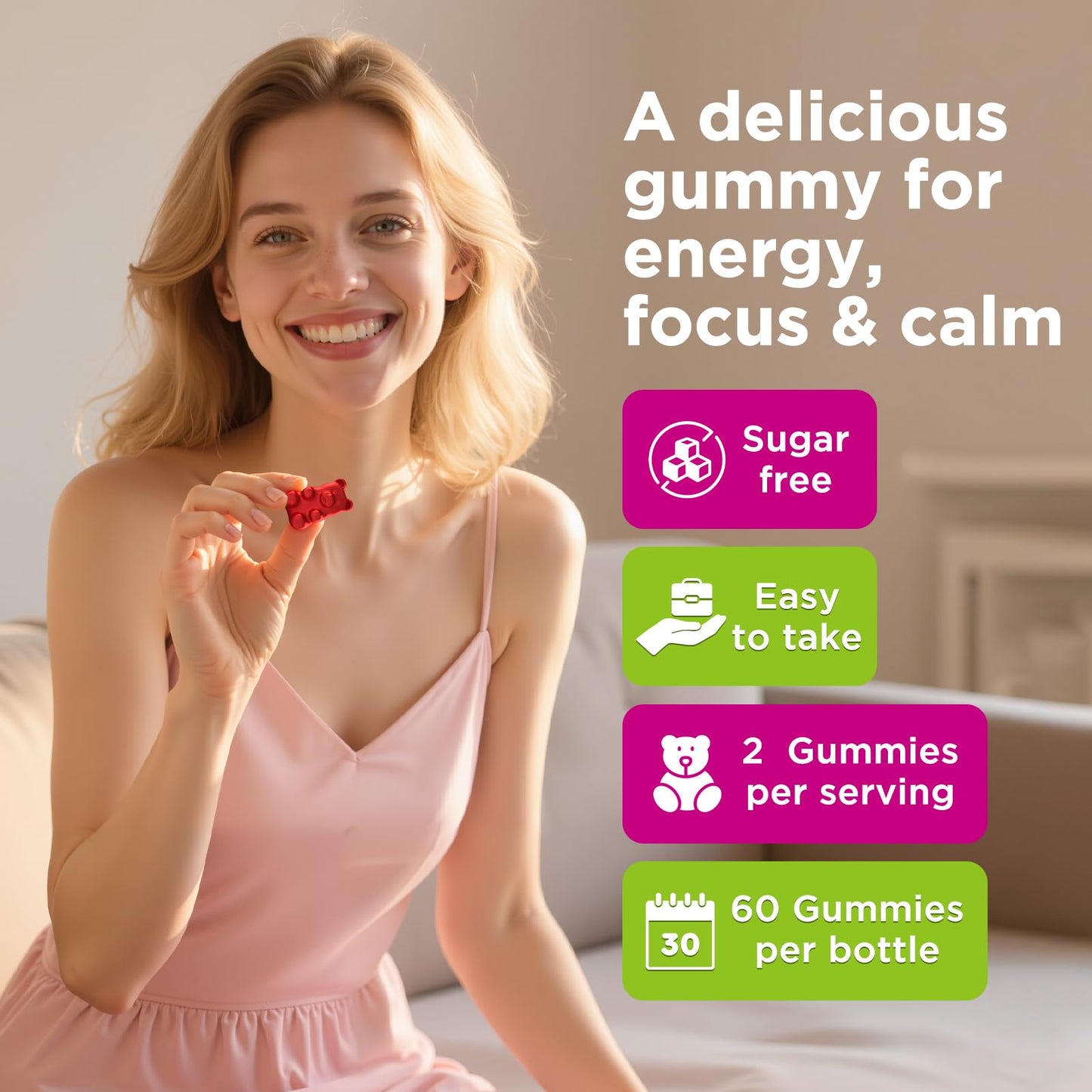 Vitamin B Complex Gummies for Women & Me, Vitamin B12, B1, B2, B3, B6, B7, B9 with Vitamin C, Zinc, Magnesium & CoQ10 for Energy, Brain, Nervous System & Mood,